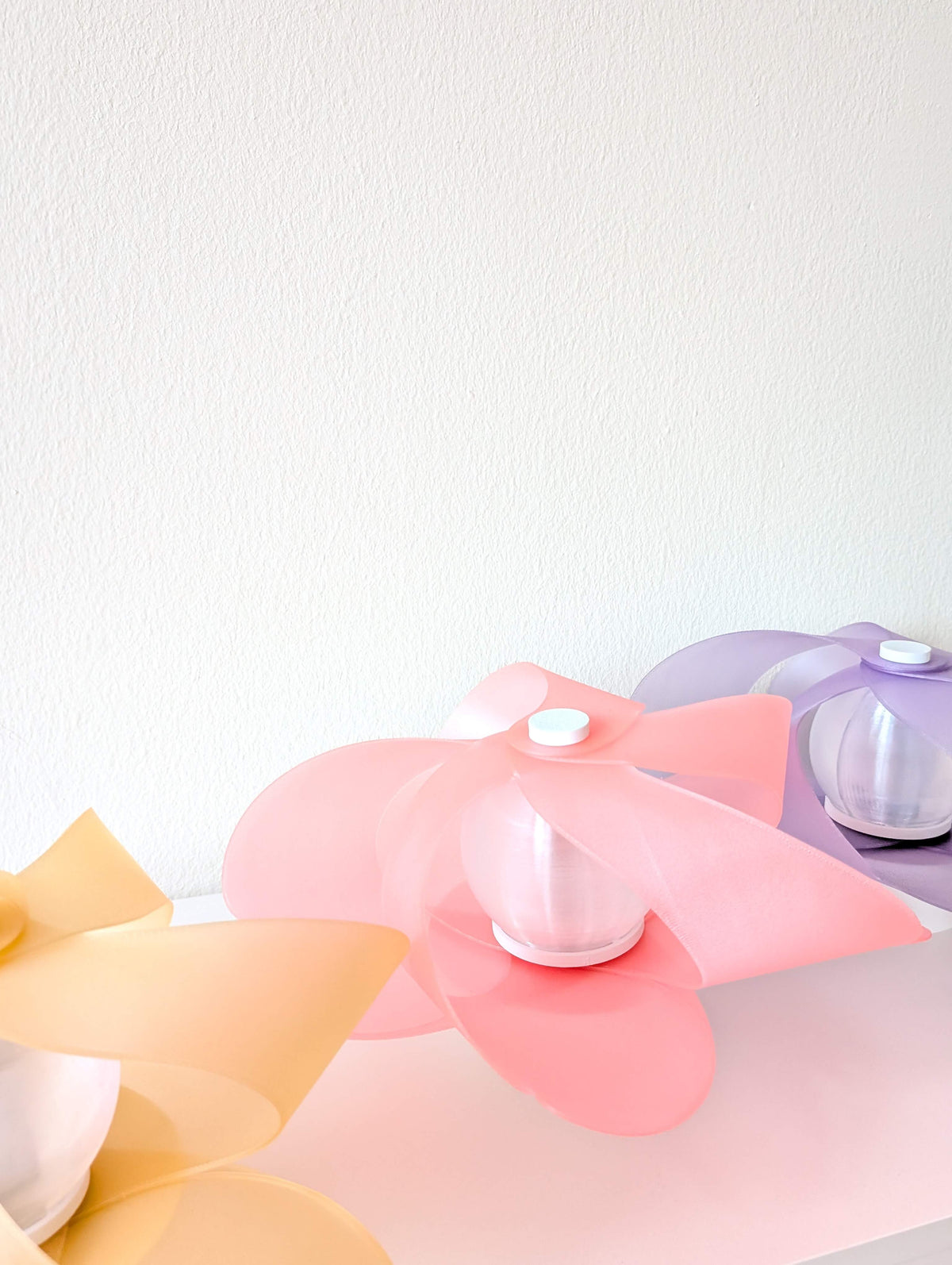 HANA lamps in Sakura Pink, Lilac Purple and Sunset Yellow